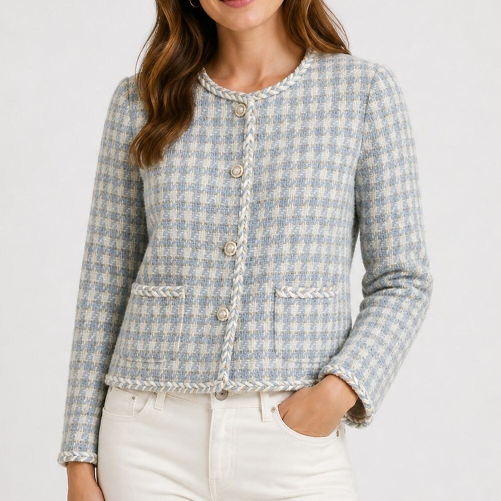 Nanette Lepore Tweed Jacket Houdstooth Plaid Pearl Button 90's Style Blazer
